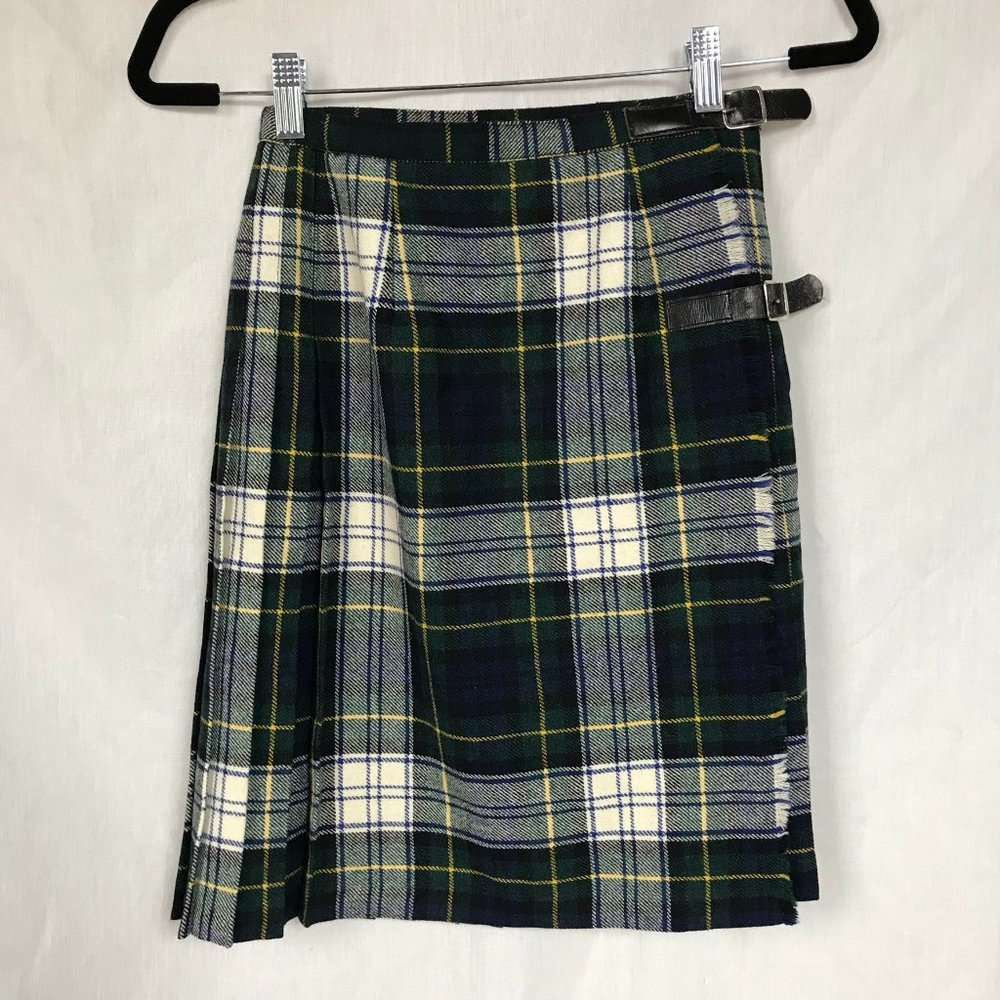 Blue & Green Plaid High Waist Pleat Wrap Skirt